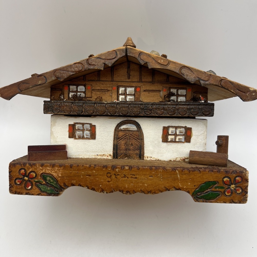 Vintage Graz Austria Wooden Swiss Style Chalet Music Box Hand Carved WORKING